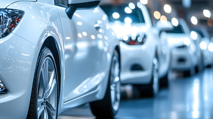 Coches blancos alineados en un taller de automóviles, listos para la venta