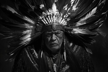 Obraz premium Portrait of a Yaqui warrior showcasing cultural heritage in black-and-white lighting