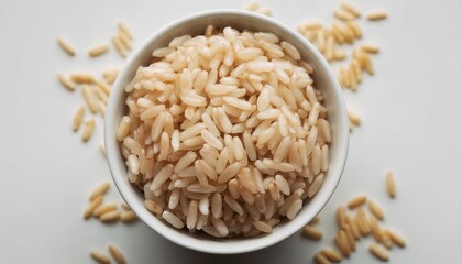 Photo of brown rice in a white bowl with scattered grains on white background