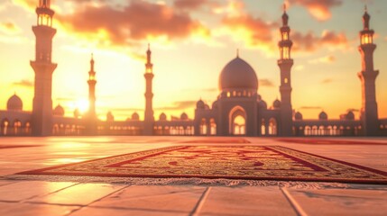 Beautiful Sunset over Mosque with Prayer Rug in Foreground