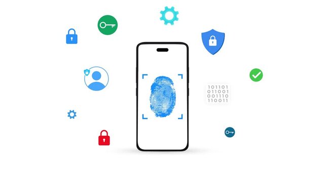 Thumb biometric verification on the smartphone with white screen and green for keying, 4k animation. Biometric, secure, mobile, scanning, lock, user verification concept.