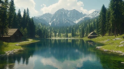 Fototapeta premium Tranquil reflection of mountains and forests at serene lake nature scene daylight scenic view calm atmosphere