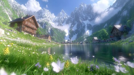 Fototapeta premium Peaceful mountain lake reflection alpine village nature scene serene environment wide angle view tranquility
