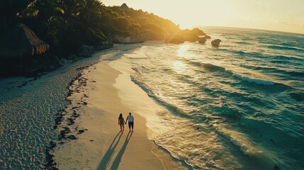 Stunning aerial view of Tulum's beaches with couple walking in sunset light