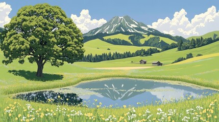 Obraz premium Tranquil meadow reflection serene mountain landscape digital art vibrant nature scenic view peaceful concept