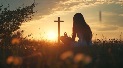 Silhouette of a woman sitting on the grass praying in front of a cross at sunset