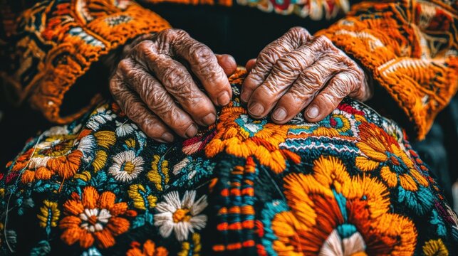 Elderly artisan stitches traditional Tenango textile with vibrant flora and fauna patterns