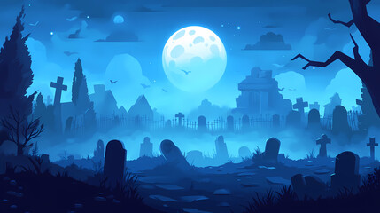 Mysterious foggy graveyard under a full moon. Haunting Foggy Cemetery. Illustration
