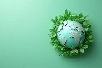 Miniature planet Earth with green leaves wreath on mint background with copy space. Earth day, World environment day, Eco friendly concept. Green living