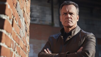 Confident Man in Leather Jacket Posing Against Brick Wall Outdoors