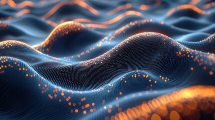 Abstract digital waves of data points, glowing orange highlights, dark background
