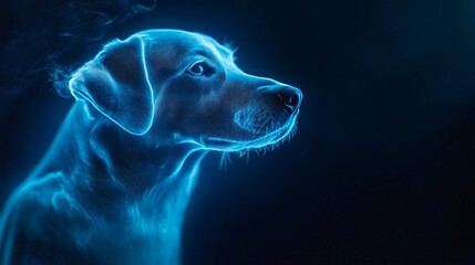 Blue neon glowing dog portrait in darkness. Side view of loyal companion pet with noble profile against black background. Mystical digital art style for modern decor and design