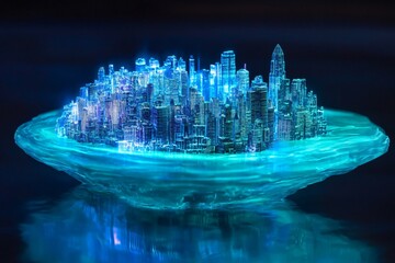 Futuristic glowing city model on turquoise water disc. Blue neon metropolis skyline at night. Digital urban landscape. Modern architecture visualization for technology presentation