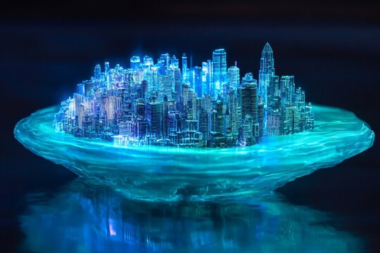 Futuristic glowing city model on turquoise water disc. Blue neon metropolis skyline at night. Digital urban landscape. Modern architecture visualization for technology presentation