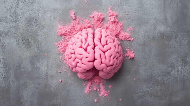 realistic human brain exploding into particles, conceptual artwork of mental breakdown, stress overload, neurological damage, cognitive disintegration, abstract neuroscience, and psychological crisis

