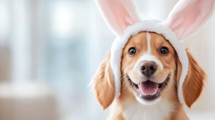 A cute dog is dressed in an adorable bunny costume exuding happiness and excitement for Easter. The blurred background adds focus to the dog's joyful expression perfect for seasonal celebrations
