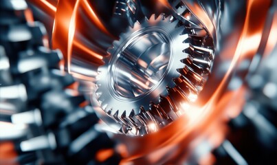 Abstract design of metallic gears and cogs interconnected in a seamless arrangement under dramatic lighting. Sharp textures emphasize mechanical precision,