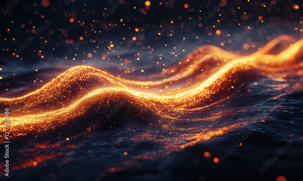 Wall mural abstract fiery digital wave in shades of red and gold flowing across a dark surface, creating a dyna
