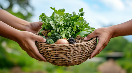 Sharing fresh harvest: hands passing a basket of vegetables in nature