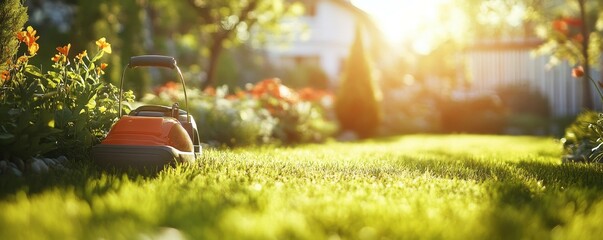 Fototapeta premium Lawn care in a tranquil garden under bright sunlight in the early afternoon