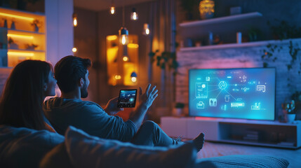 A couple relaxes on a couch, using a tablet to control their smart home system displayed on a large TV screen