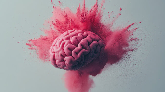 realistic human brain exploding into particles, conceptual artwork of mental breakdown, stress overload, neurological damage, cognitive disintegration, abstract neuroscience, and psychological crisis
