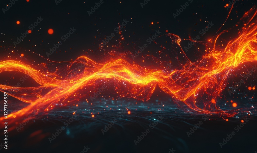 Wall mural abstract glowing red and orange light waves moving dynamically across a black background, creating a