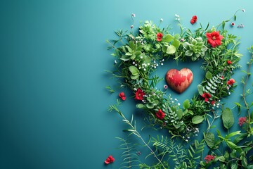 Heart shaped green wreath with red decorations on turquoise background with copy space. Valentine day, Christmas, Wedding celebration decor. Love concept