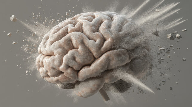 realistic human brain exploding into particles, conceptual artwork of mental breakdown, stress overload, neurological damage, cognitive disintegration, abstract neuroscience, and psychological crisis
