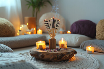 Aromatic incense and candles create a serene atmosphere in a cozy meditation space filled with cushions