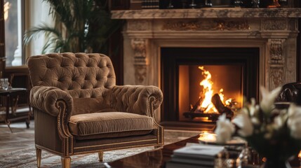 Cozy living room with a plush armchair and a warm fireplace.