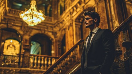 Obraz premium Elegant Man in Formal Suit Stands in Luxurious Grand Staircase Hall