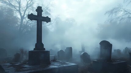 A misty graveyard scene with tombstones and a cross in a foggy atmosphere. Haunting Foggy Cemetery. Illustration