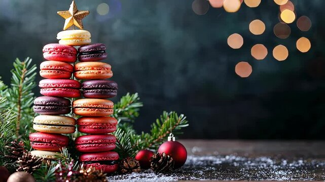 Christmas tree made of macarons. Selective focus