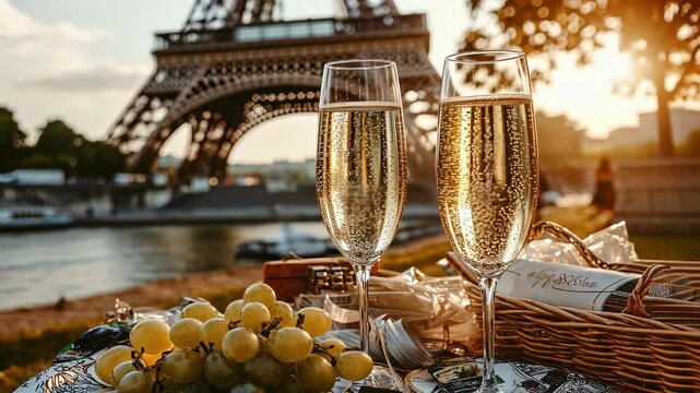 Close-up of champagne and macaroons on the background of the Eiffel Tower. Selective focus