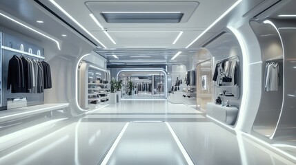 Modern fashion concept store in a futuristic shopping mall, sleek and high-tech