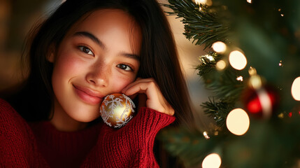 Naklejka premium Asian woman celebrating christmas joyfully near decorated tree