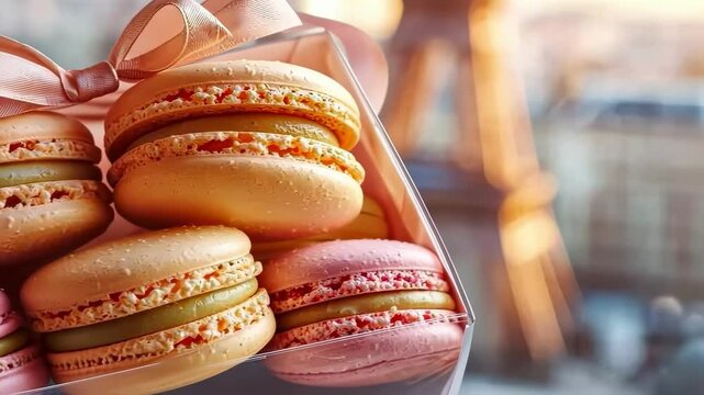 macaroons on the background of the Eiffel Tower. Selective focus