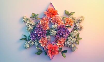 Obraz premium Artistic composition of colorful flowers arranged in a geometric pattern on a pastel background, symbolizing beauty and creativity.