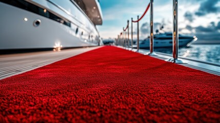 A red carpet leading to a luxury yacht, set against a scenic waterfront backdrop.