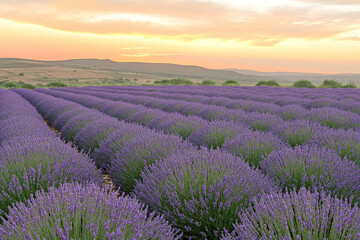 Fototapeta premium Expansive lavender field at sunset in the countryside