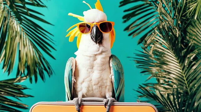 parrot on a suitcase on a beach background. Selective focus