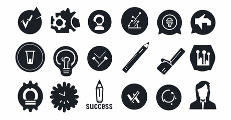 Black Icons Set: A comprehensive set of stylish and minimalistic black icons for various concepts, representing ideas, concepts, design, and business.