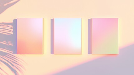 Fototapeta premium Three rectangular boxes arranged in a diagonal line on a pastel pink and purple background. the boxes are of different sizes and colors - one is pink, one is light blue, and one is pale pink.