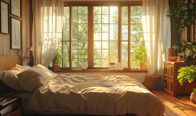 Fototapeta premium Cozy bedroom with soft beige bedding, wooden furniture, and large windows letting in bright morning sunlight.