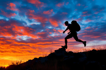Silhouette of a Hiker: A determined hiker conquers a rocky peak, silhouetted against a vibrant sunset ablaze with fiery hues, symbolizing adventure and perseverance.