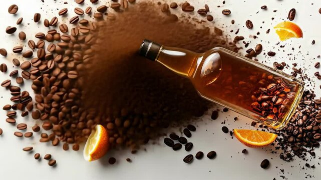 alcoholic coffee beans and lemon top view. Selective focus