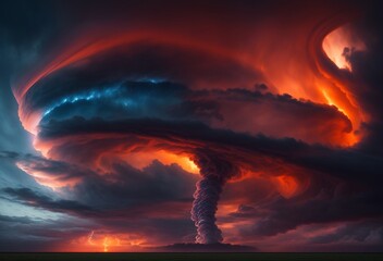 Supercell thunderstorm forming a massive tornado over a flat countryside,he sun shines it's last light on the anvil of a thunderstorm,Sunset scene with large clouds illuminated by orange lighs