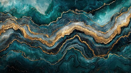 Fototapeta premium Abstract marbled design, teal, gold, and white textured background, for wallpaper or wall art