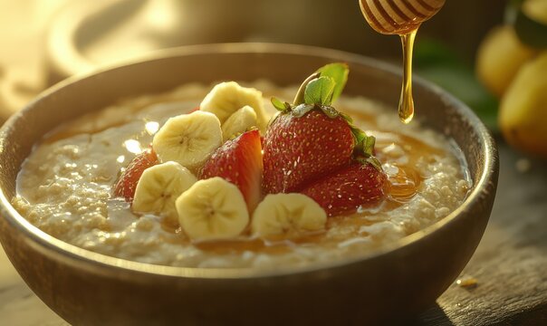 Bowl of creamy oatmeal topped with fresh fruit and a drizzle of honey, the warm tones and vibrant colors creating a comforting breakfast scene